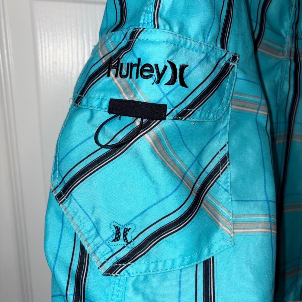 Hurley Mens Board Shorts Turquoise Blue Plaid Striped Swim Trunks Size 31 - Picture 4 of 6